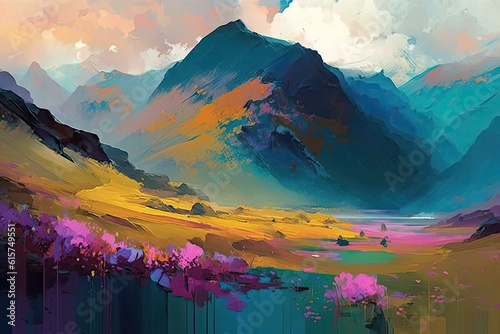 Art design of landscape painting in amazing mountain in the forest. Concept of lifestream colorful magical in beautiful village in natural background. Glorious generative AI. photo