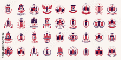 Vintage castles vector logos or emblems, heraldic design elements big set, classic style heraldry architecture symbols, antique forts and fortresses.