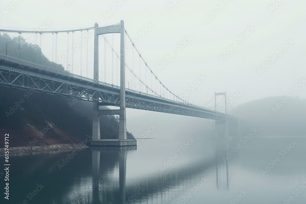 Hanging bridge for heavy traffic over a river, a foggy day. Ai generated.