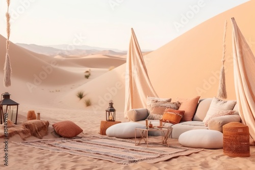 In a luxury resort, a tent in the desert with lamps at sunset.