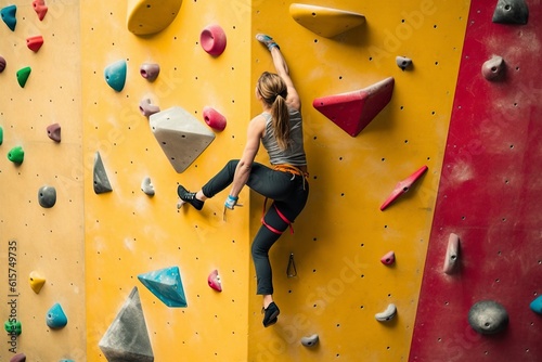 Focused and determined, a resilient woman conquers new heights on the challenging artificial climbing wall