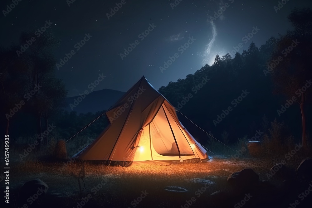 A tent glows under a night sky full of stars. Outdoor adventure, nature landscape. 