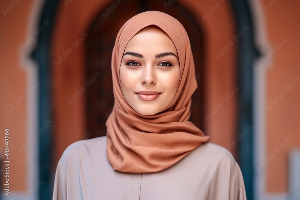 Portrait of a Muslim woman with her hair covered by the traditional headscarf, macho subjugation. Portrait of a Muslim woman with her hair covered by the traditional headscarf, macho subjugation.