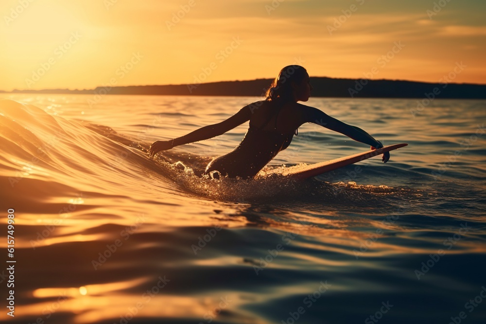 Witness the captivating silhouette of a young woman gracefully riding the waves on her surfboard at sunset. AI Generated
