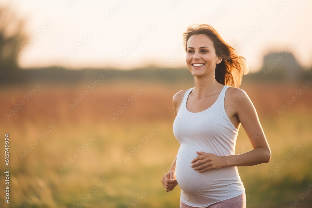 Pregnant woman exercises by running. Ai generated. Pregnant woman exercises by running. Ai generated.