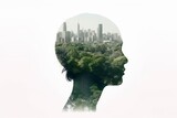 The silhouette of a woman merges with a lush forest in a captivating double exposure, symbolizing the harmony between humans and nature