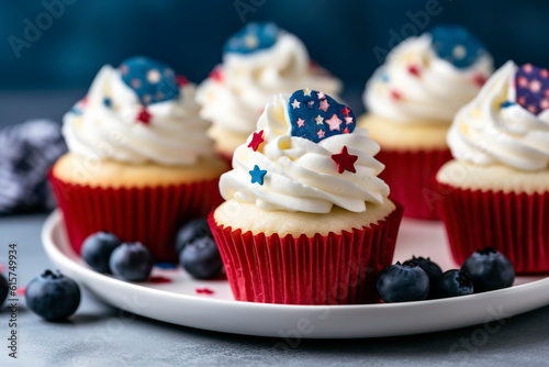 Tasty cupcakes with American flags, defocused background.Ai generated