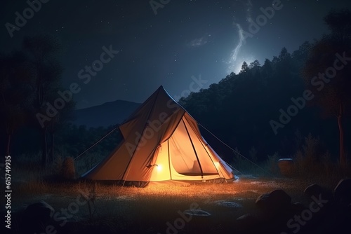 A tent glows under a night sky full of stars. Outdoor adventure, nature landscape.  © Denis