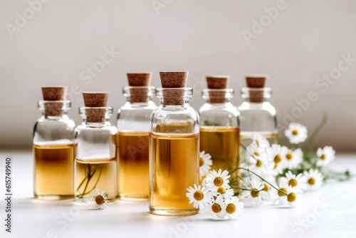 Small bottle with therapeutic essential oils, together with delicate daisy flowers.
