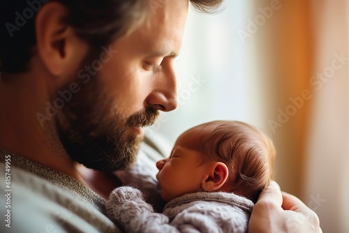 tender moments of a man caring for his newborn baby, gently rocking him to sleep in his loving arms. AI Generated.