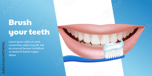 3D illustration of a blue toothbrush brushing realistic teeth with a smiling expression. This medicine banner design promotes dental care and oral hygiene. For dental clinics, health care, and hygiene