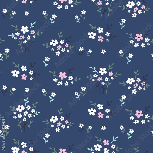 Seamless pattern with white and pink flowers and leaves on navy background. Floral print