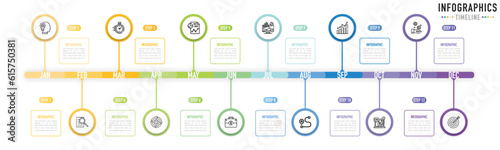 Timeline infographic template or element with 12 step, process, option, colorful circle, line, icons, label, rectangle, bar, arrow for sale slide, flowchart, workflow, planner, roadmap, milestone, web