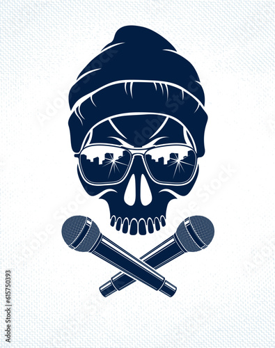 Hip Hop music vector logo or label with wicked skull and two microphones crossed like crossbones, Rap rhymes night club party festival or concert emblem, t-shirt print.