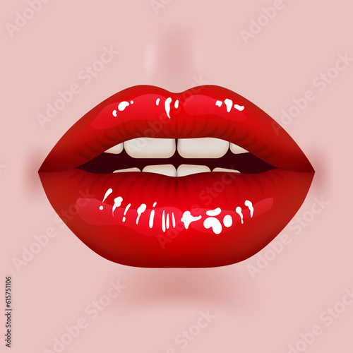 3D realistic, plump lips in a vibrant red color. These juicy and glossy lips exude sensuality and desire. Perfect for cosmetic, fashion, and romantic designs. Open mouth with teeth, lipstick promotion