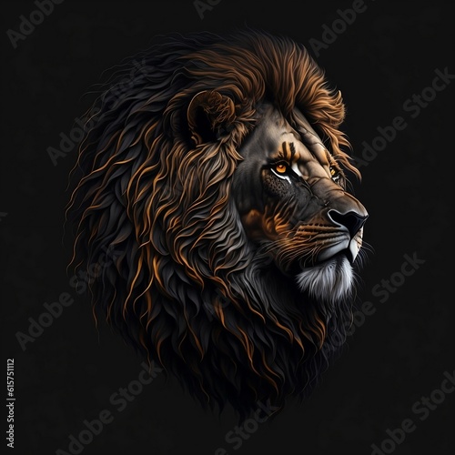 Fantasy lion portrait on black background, Generative Ai
