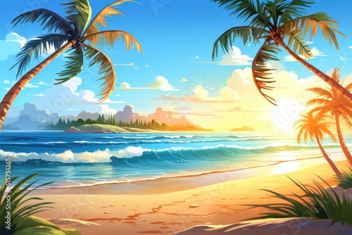 Illustration background of a beach ocean sand and palm trees in summer vacation sunset Generative AI © SVasco