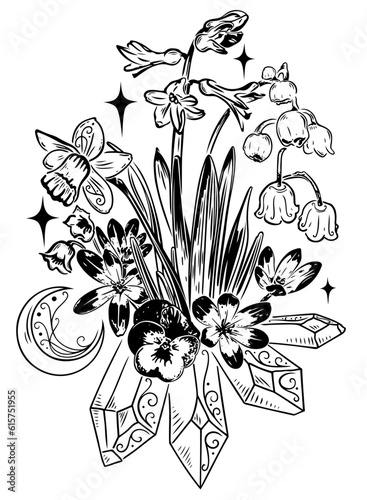 Frühlingsblumen Narzissen Krokusse Stiefmütterchen Maiglöckchen und Hasenglöckchen mit Mond und Bergkristallen. 