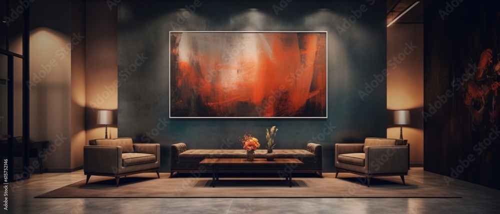 A hotel with a picture on the wall. Generative AI A hotel with a picture on the wall. Generative AI