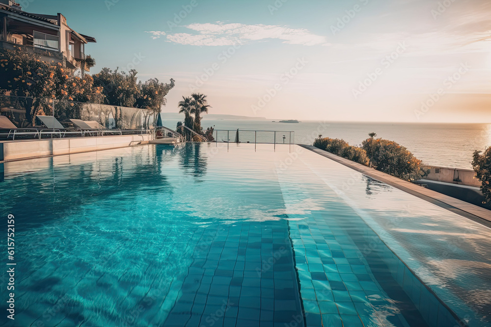 Outdoor Swimming pool of luxury hotel resort near the sea, Generative AI