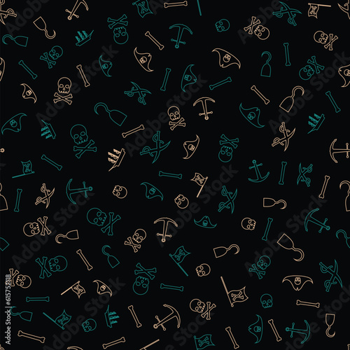 Vector abstract seamless pattern with skull, crossbones, pirate flag, swords and other nautical symbols. Vintage background with hand-drawn sketches, ink blots and stains.