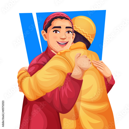 Happy Eid celebration, Vector graphic illustration. Indian Muslim young boy hugging and wishing each other. Eid ul-Fitr, Eid ul-Adha. Religious holiday.
