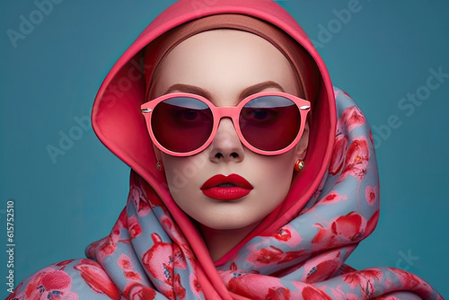 a woman wearing pink sunglasses and a scarf with red flowers on it, in front of a teal blue background