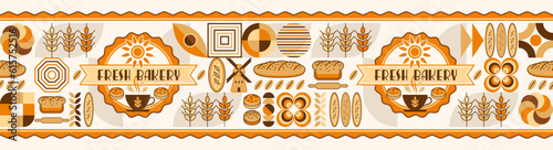 Bread, bakery themed horizontal border with label, icons, design elements in simple geometric style Seamless edging for branding, decoration of food package, cover design, decorative print