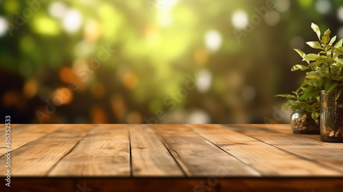 Empty wooden table close-up on blurred greenery background.
