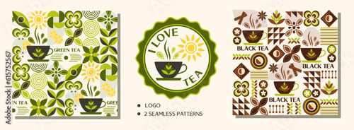 Logo, 2 tea themed seamless patterns for black and green tea. Icons, design elements in simple geometric style. Good for branding, decoration of food package, cover design, textile prints