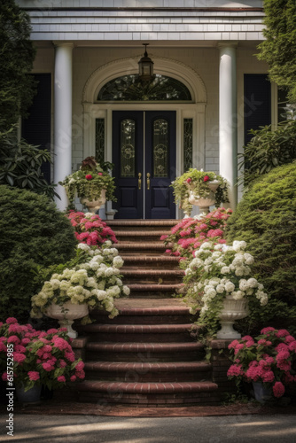 Front Entrance To A Beautiful House With Greenery Beside As A Background