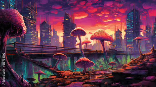 Cityscape of a post-apocalyptic city overwhelmed by fungus illustration