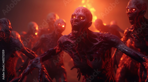 Crowd of zombies in a post-apocalyptic city red zombie attack going forward