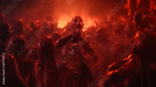 Leinwand Poster Crowd of zombies in a post-apocalyptic city red zombie attack going forward