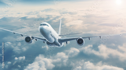 Commercial plane in flight in the sky above clouds illustration