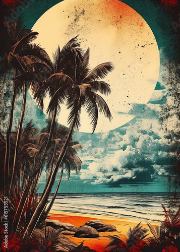 Tropical beach at sunset.Vintage poster design. Generative Ai illustration