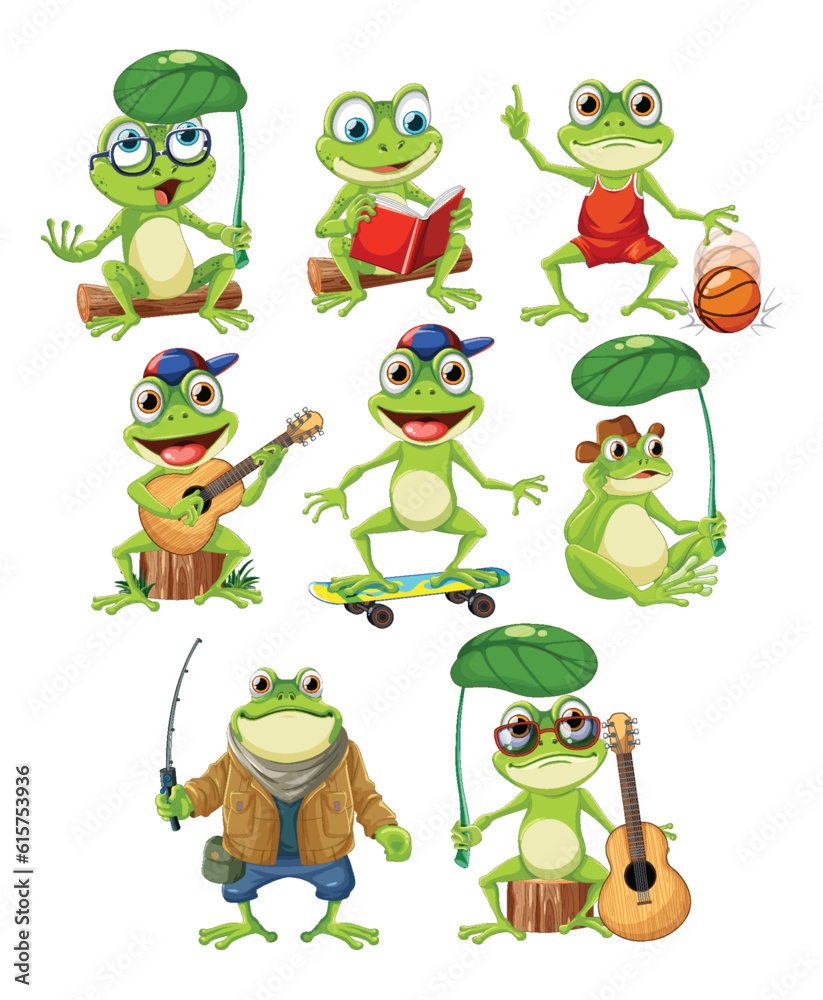 Fototapeta premium Green Frog Cartoon Characters Collection