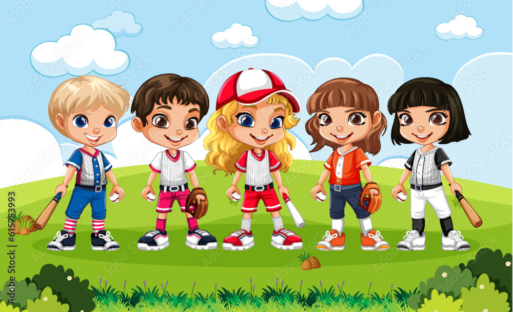 Girls in Baseball Outfits at School Scene