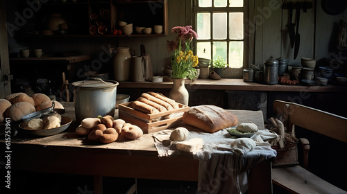 an old kitchen with bread on the table and flowers in the window sie, next to it is a bunch of sunflower
