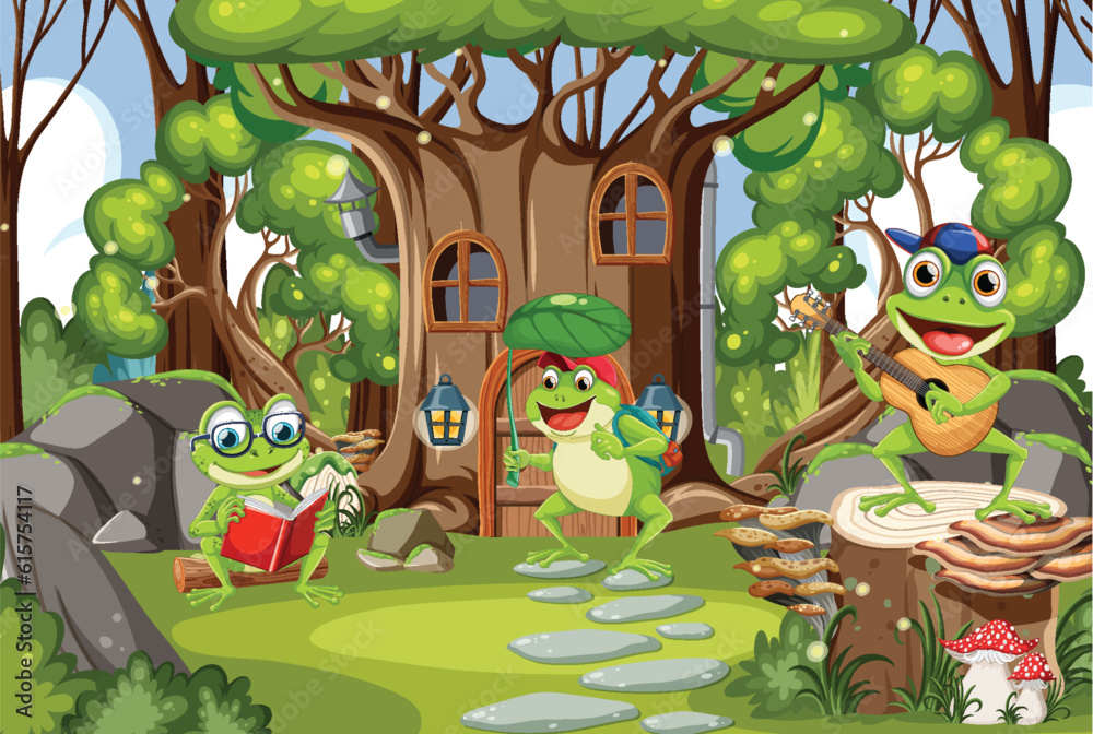Naklejka premium Cartoon Frogs in the Forest