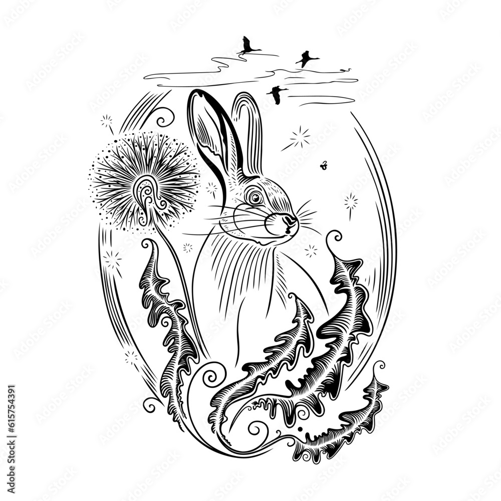 Filigrane Hase Illustration mit Löwenzahn und Wildgänsen. Vektor für den Frühling Ostern und Frühlingsanfang. 