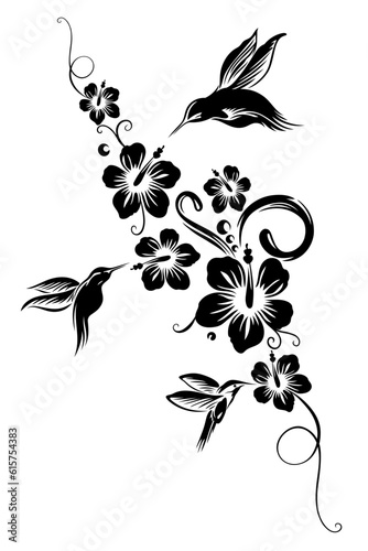 Kolibri mit Hibiskus. Hummingbird mit Hibiskusblüten. Tropische Ranke im Sommer.