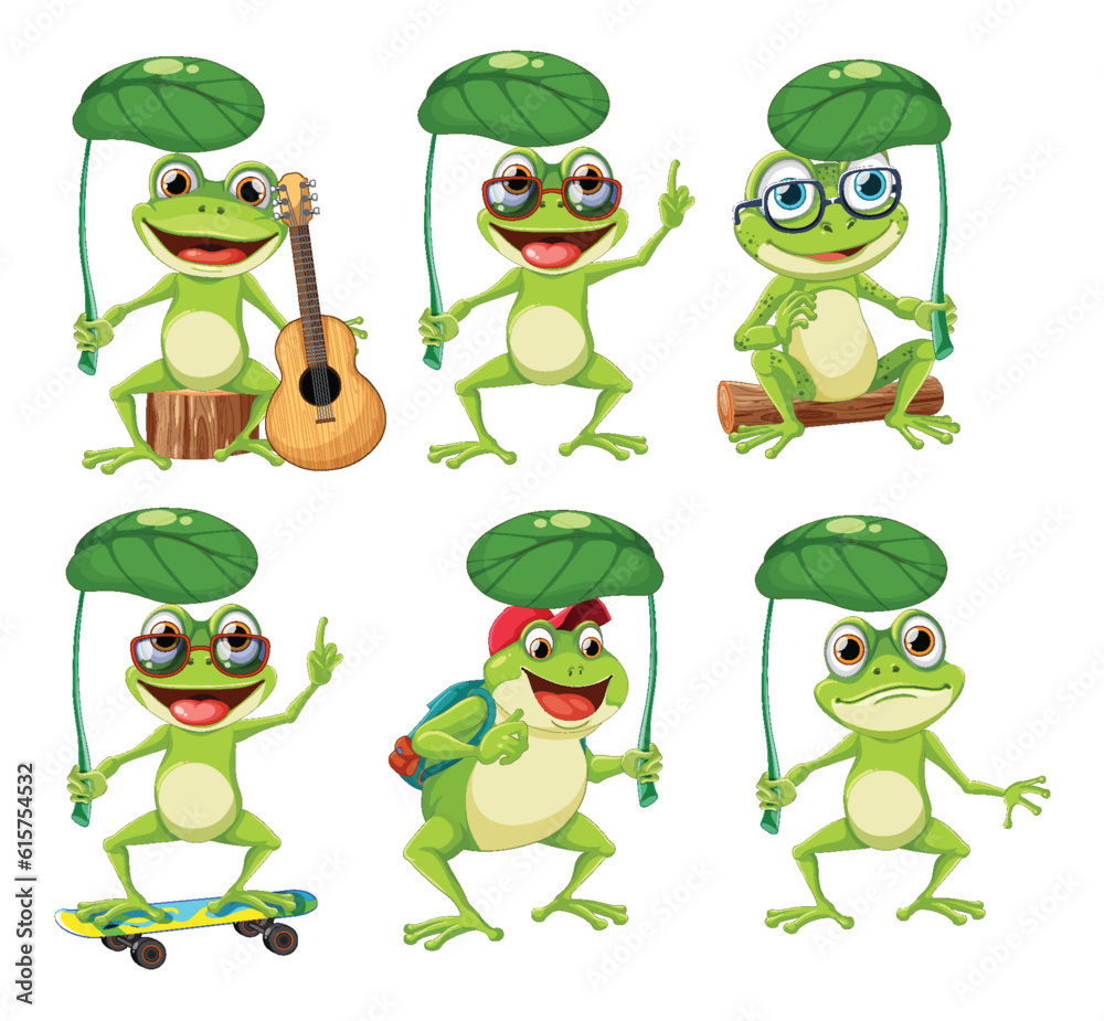 Obraz premium Green Frog Cartoon Character Holding Leaf Umbrella