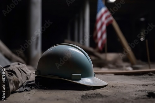 construction site with safety helmet with american flag. Generative AI