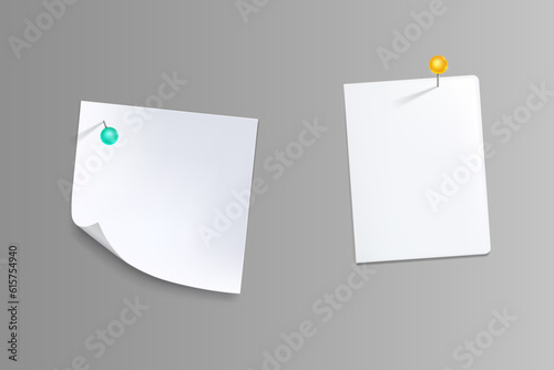 Paper notes with pins, white stickers or notepad Free Vector
