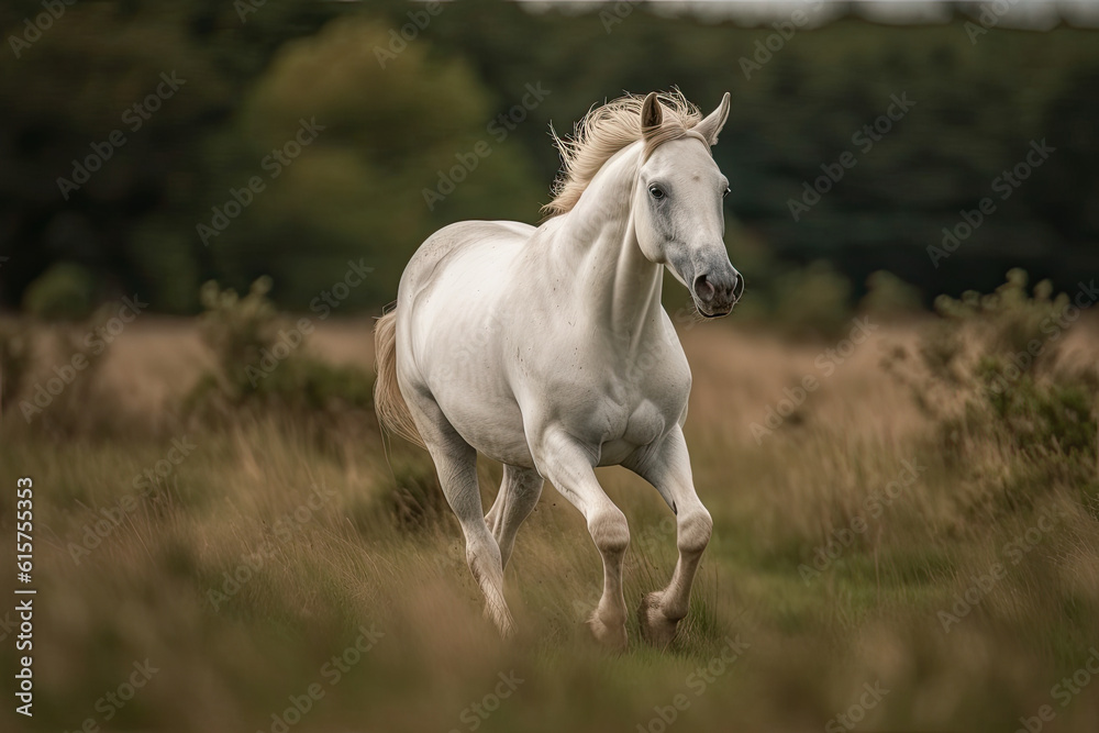 a white horse running through tall grass with trees in the background on a sunny day, taken from behind it