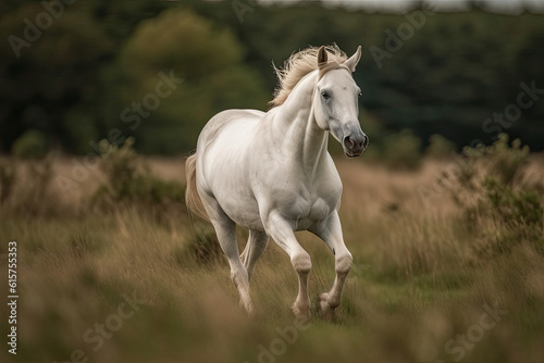 a white horse running through tall grass with trees in the background on a sunny day  taken from behind it