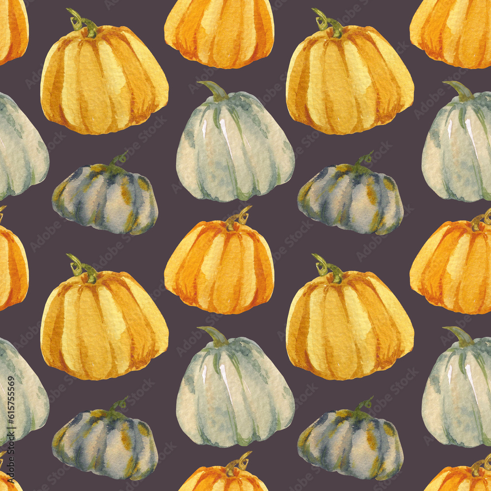 Watercolor seamless pattern with pumpkins. Hand drawn print illustration for textile, stationery, decoration and design. Watercolor seamless pattern with pumpkins. Hand drawn print illustration for textile, stationery, decoration and design.