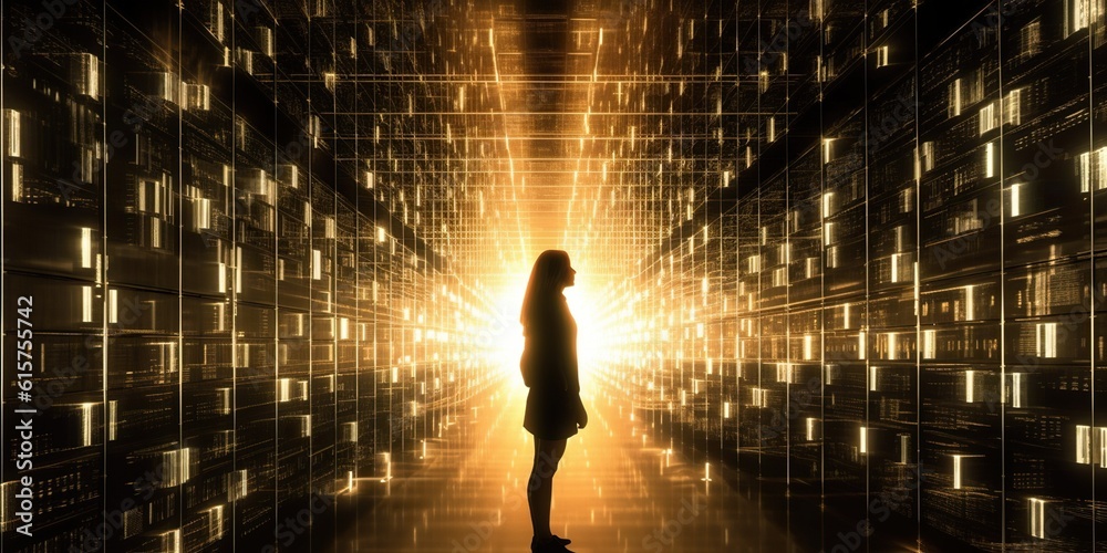 Woman standing in front of wall of computer servers with servers ...