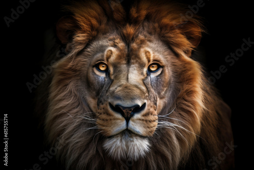 Portrait of a male lion on a black background. Close-up. (Ai generated)